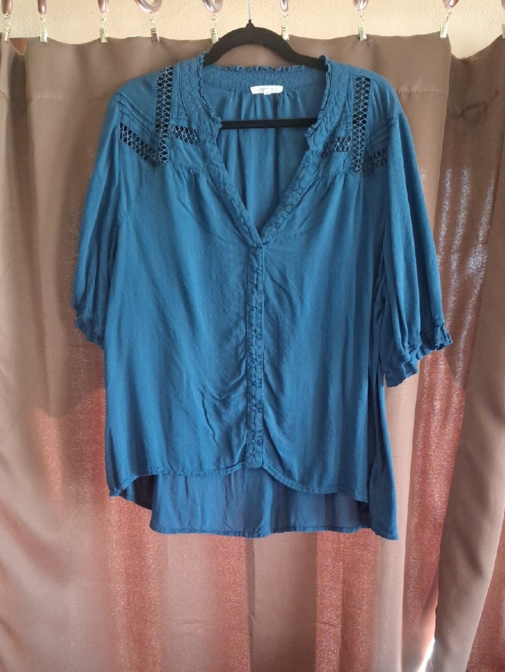 Maurices Teal Blue Boho Crochet V-Neck Tunic Top